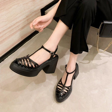 10cm厚底凉鞋女真皮镂空猪笼鞋2025年新款夏季网眼洞洞编织罗马鞋