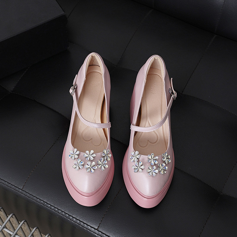 法式玛丽珍鞋女水钻一字扣厚底小个子增高12厘米高跟鞋粉色单鞋