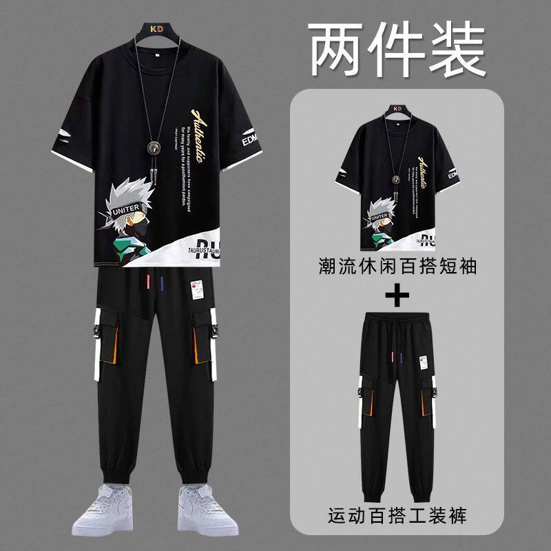套装男夏季短袖休闲运动韩版宽松青少年初高中学生t恤大码两件套