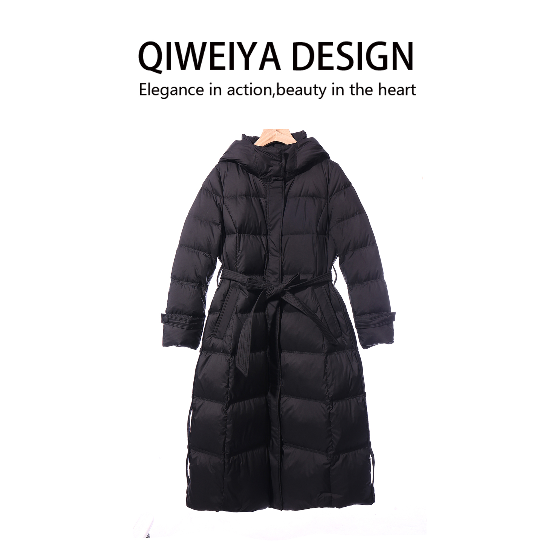 连帽收腰长款羽绒服女黑色
