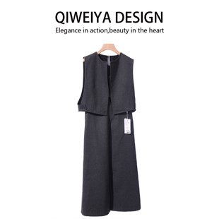 极简轻熟风羊毛呢马甲阔腿裤两件套女春秋韩版时尚套装