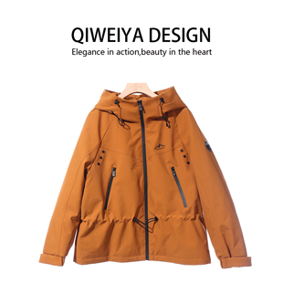 戈、 001Bk户外风连帽橙色羽绒服女短款抽绳收腰冲锋衣派克服