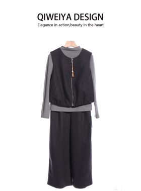 娟慕青华JM585-T5227阔腿裤马甲显瘦三件套裤套装2025秋装新款女