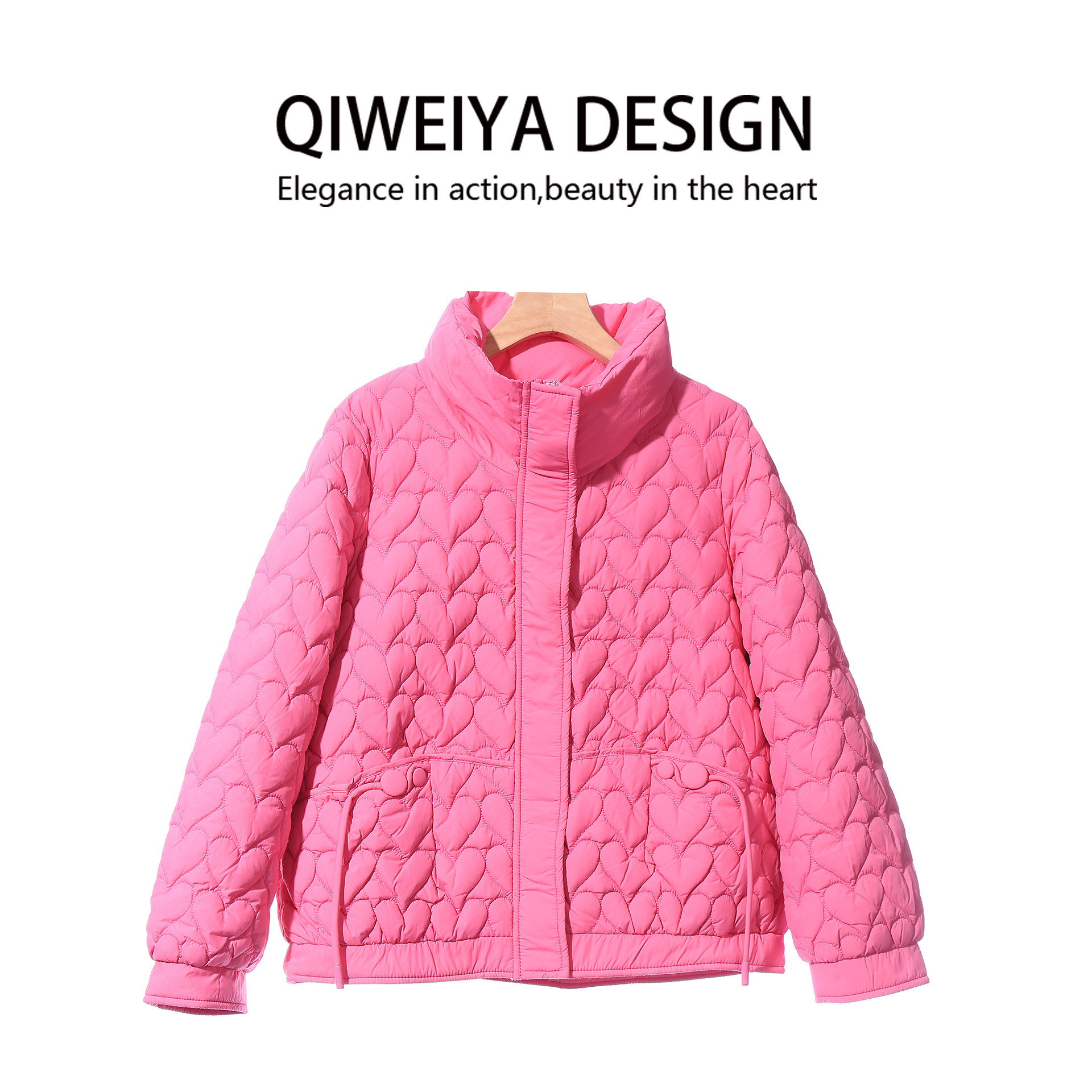 时尚粉色菱格短款羽绒服女立领轻薄保暖减龄棉服外套