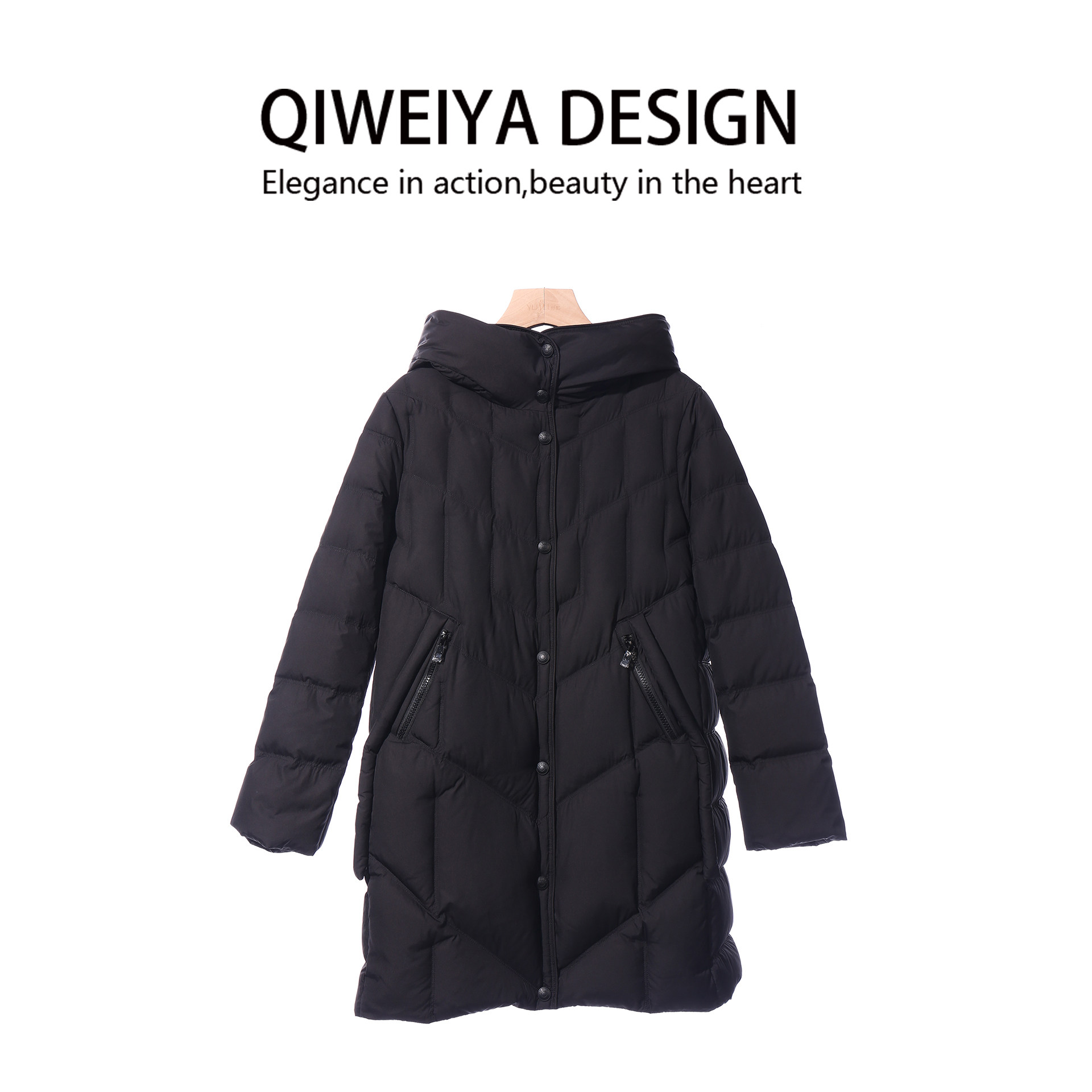 奇唯雅8539WJ黑色中长款连帽羽绒服女90白鹅绒绗线保暖外套