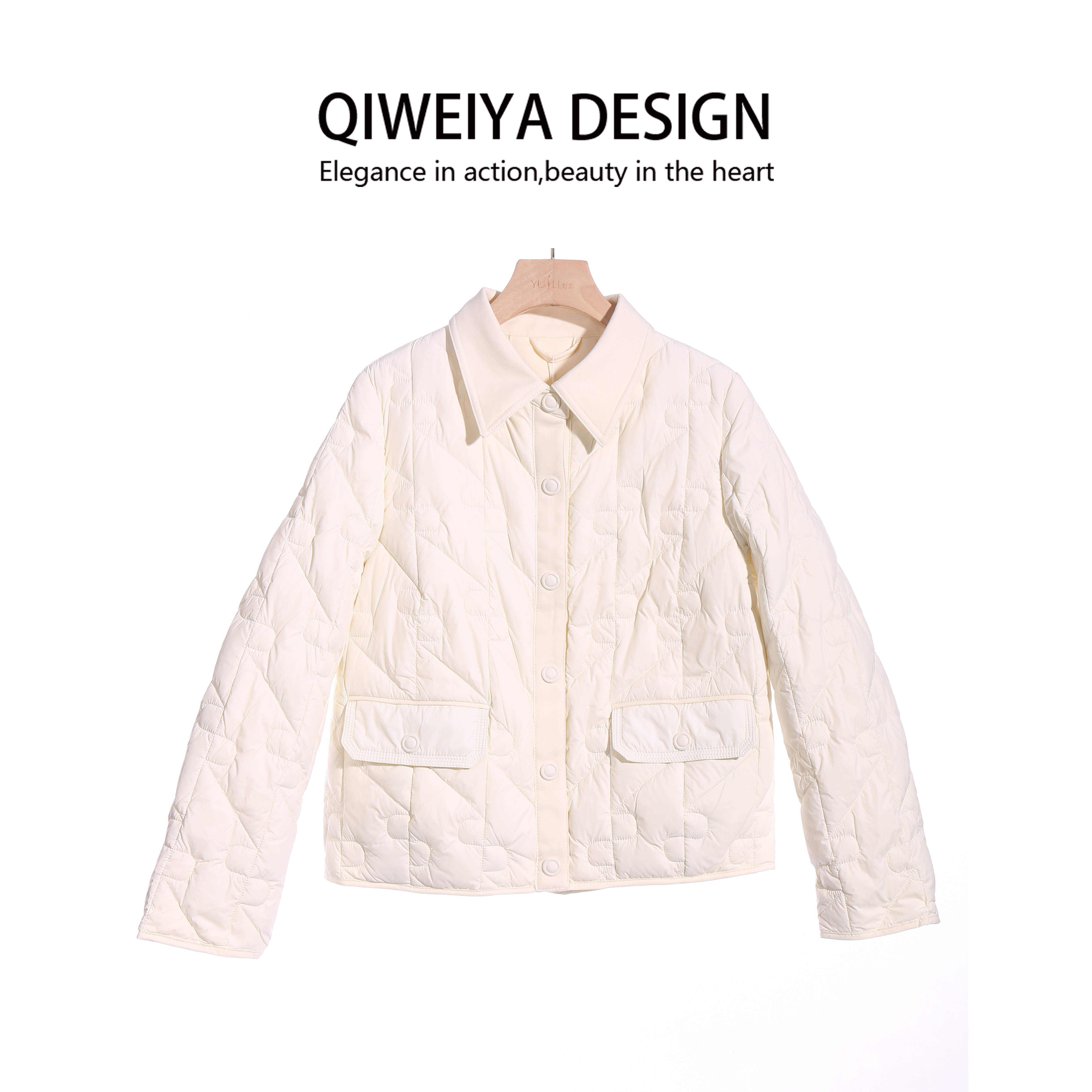 米白色菱格轻薄夹克羽绒服女冬季小个子2025新款气质外套