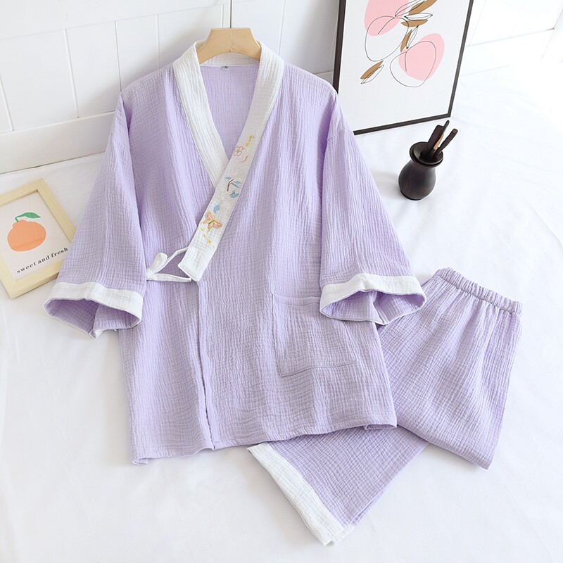 睡衣女春秋纯棉双层纱布夏季薄款全棉简约休闲日式和服家居服套装
