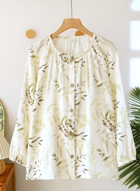 睡衣上衣女春秋薄款纯棉双层纱布全棉绉布清新简约全棉单件睡衣