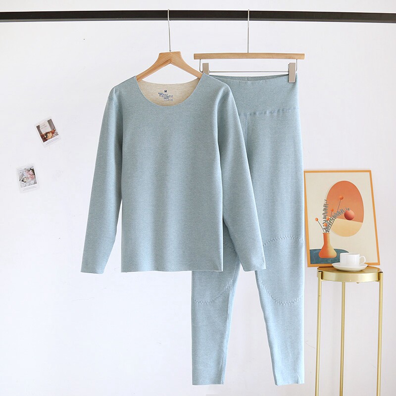 冬季女士保暖内衣发热德绒休闲纯色圆领套头秋衣秋裤无痕打底套装