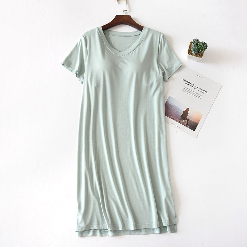 带胸垫睡裙女夏季莫代尔薄款简约纯色短袖可外穿睡衣木代尔中长款