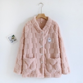 睡衣上衣女加厚法兰绒保暖珊瑚绒加绒简约纯色冬天开衫 单件家居服