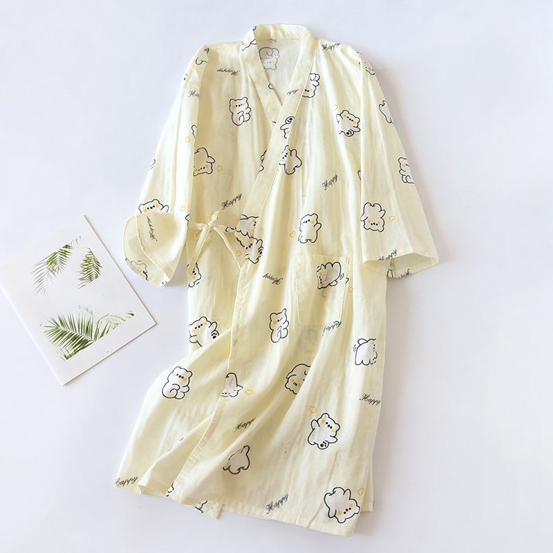 情侣睡袍女春秋纯棉双层纱布男夏季薄款宽松休闲中长款和服式浴袍