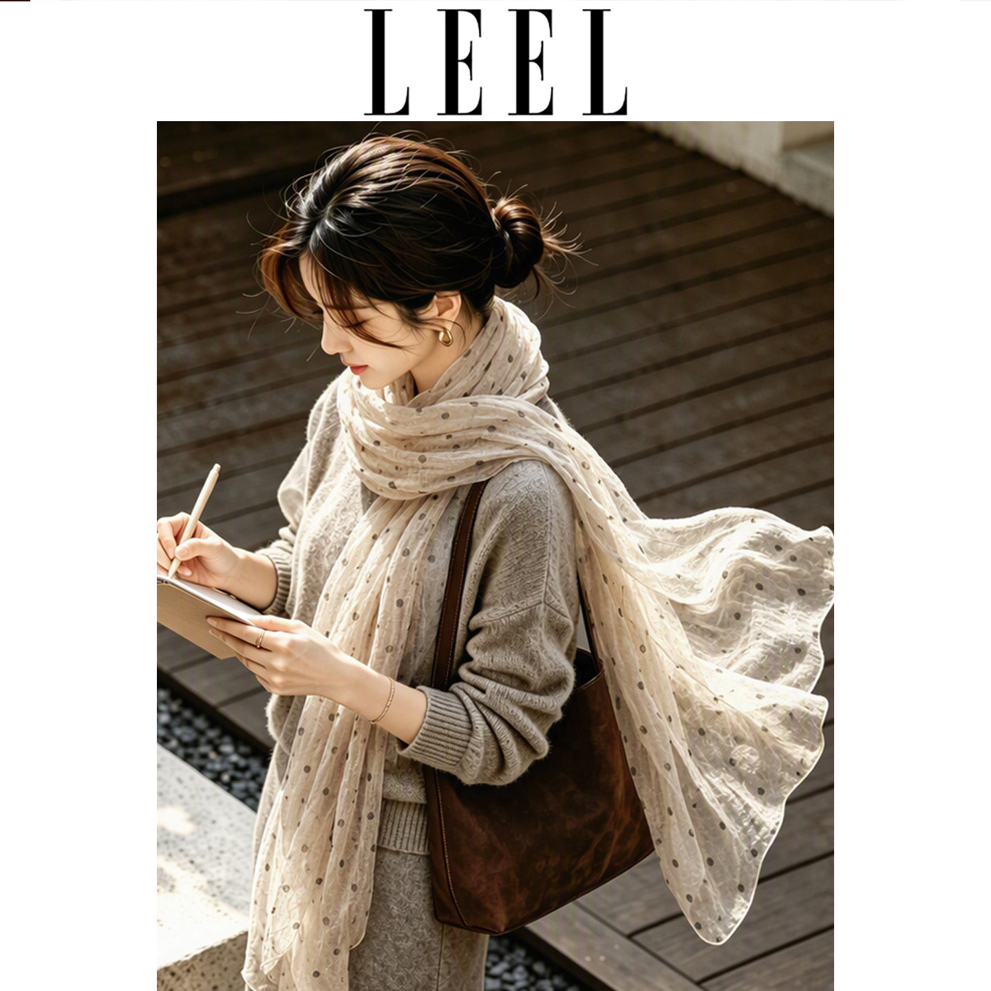 LEEL波点褶皱蕾丝长条丝巾女秋季文艺复古清冷氛围感围巾披肩薄款