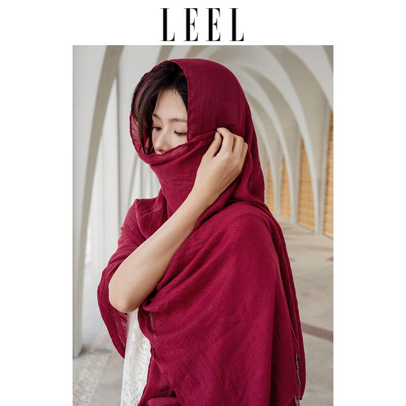 LEEL原创正品夏季沙漠旅游防晒披肩红色棉麻薄款埃及面纱包头巾女