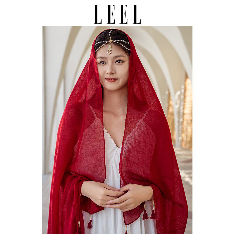 LEEL原创正品复古红色流苏大披肩女埃及沙漠敦煌旅游穿搭防晒纱巾
