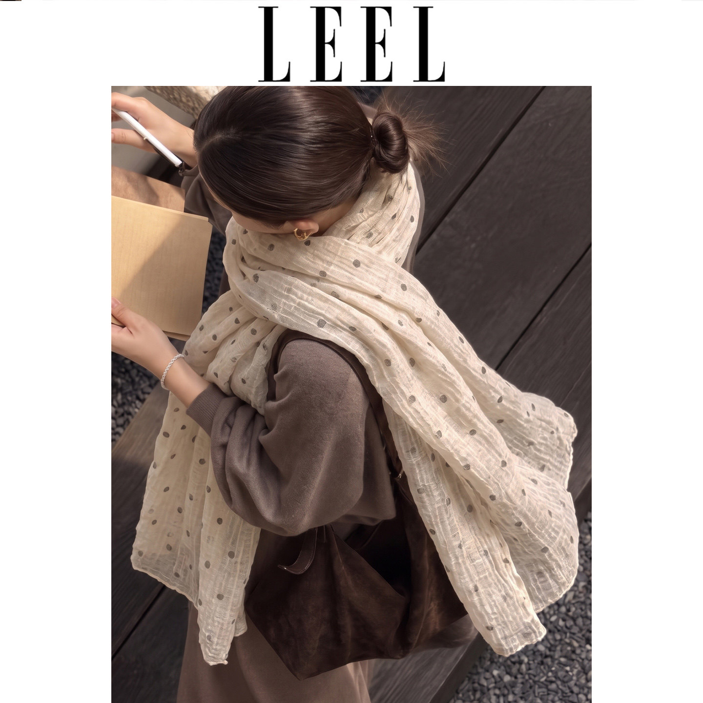 LEEL波点褶皱肌理感蕾丝长条丝巾女秋季甜美百搭飘逸围巾披肩韩系