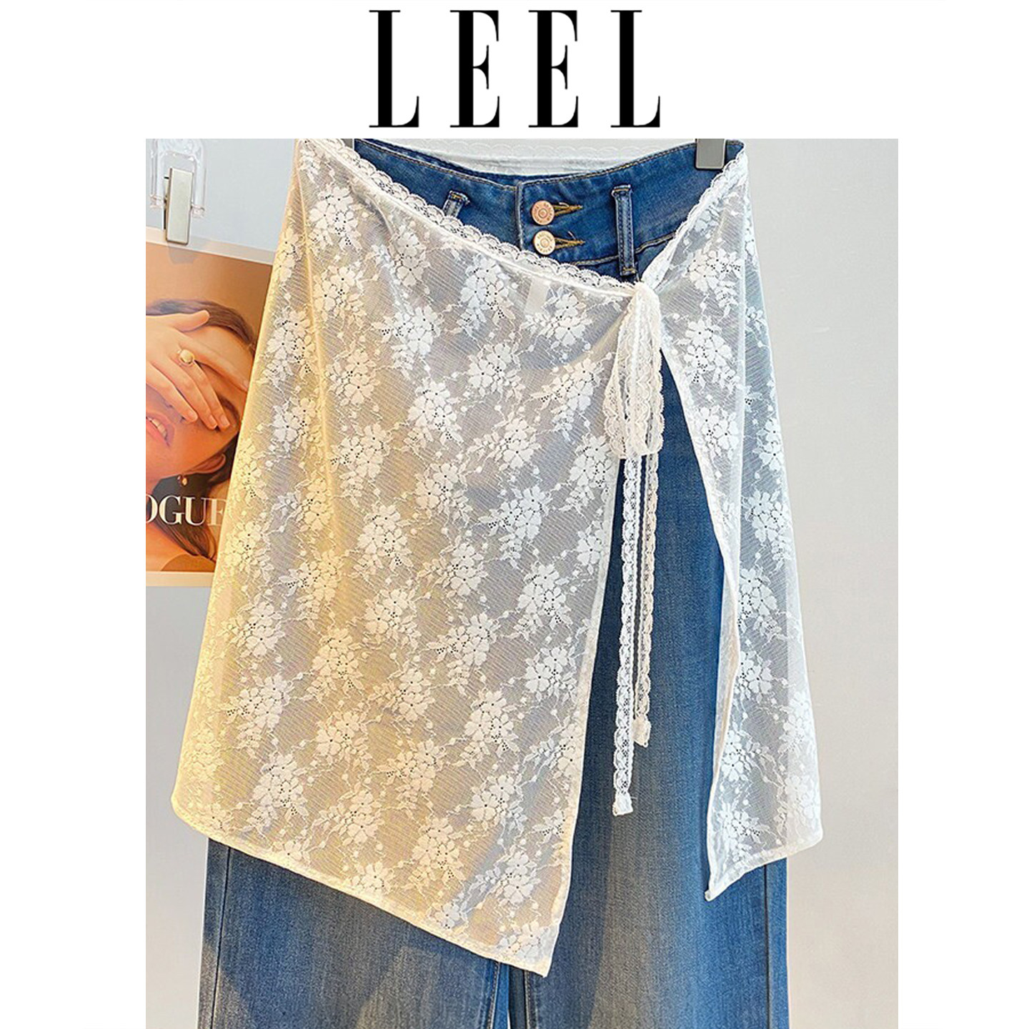 LEEL小众韩版白色蕾丝屁帘女系带甜美半身裙百搭围裙罩裙裙帘纱裙