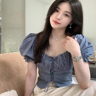 t恤女衬衫 上衣 修身 短款 烟雾公子 高级气质方领泡泡袖 夏季 短袖 法式