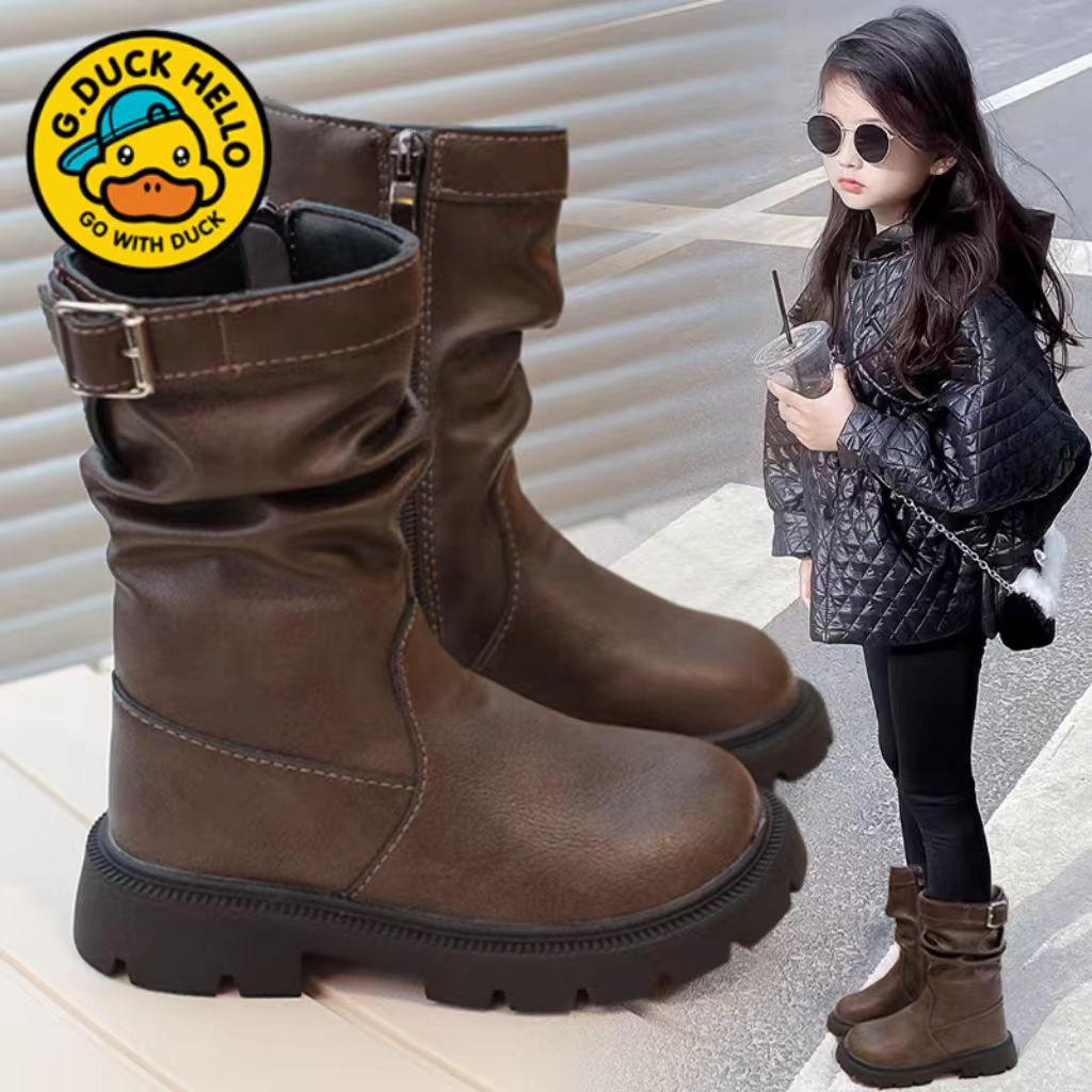 小黄鸭女童靴子2025秋冬新款复古堆堆中筒靴公主骑士靴儿童马丁靴