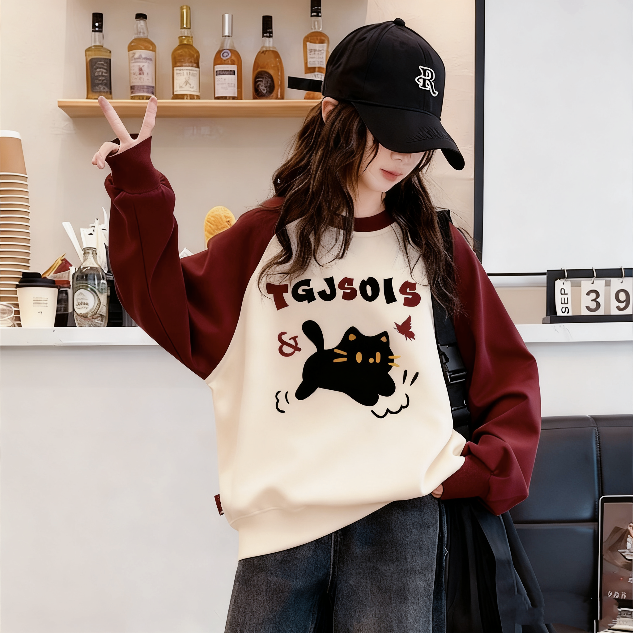 慵懒chic插肩袖卫衣女童酒红冬季加绒新款宽松圆领无帽春秋打底衫,女装/女士精品,卫衣/绒衫,淘宝优惠券,粉丝福利购,淘宝优惠卷