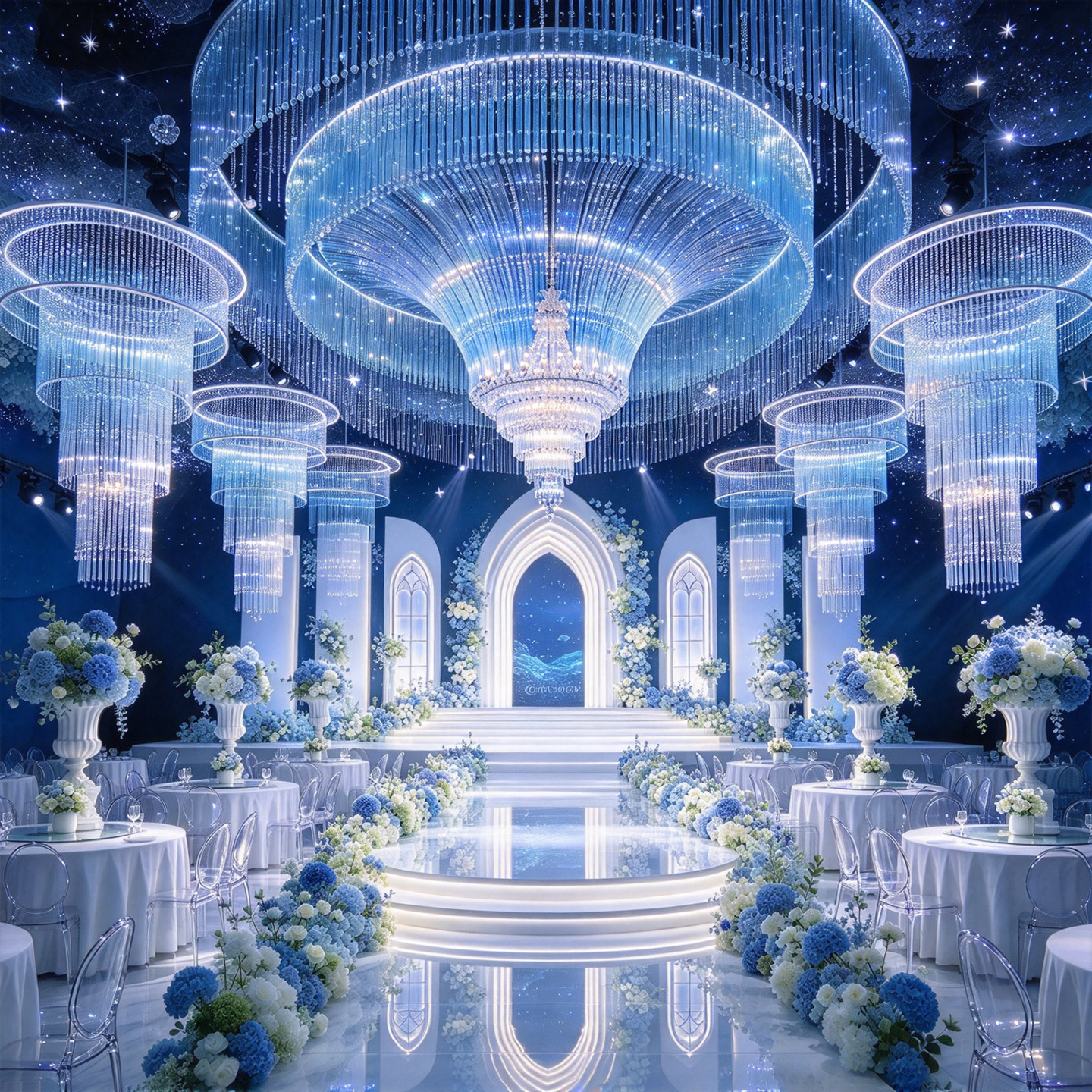 定制蓝色海洋水晶吊灯婚宴厅婚礼堂水晶吊顶灯光酒店婚庆氛围灯具