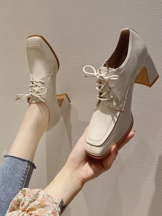 漆皮粗跟高跟鞋女2025秋冬新款百搭系带方头深口女单鞋加绒小皮鞋