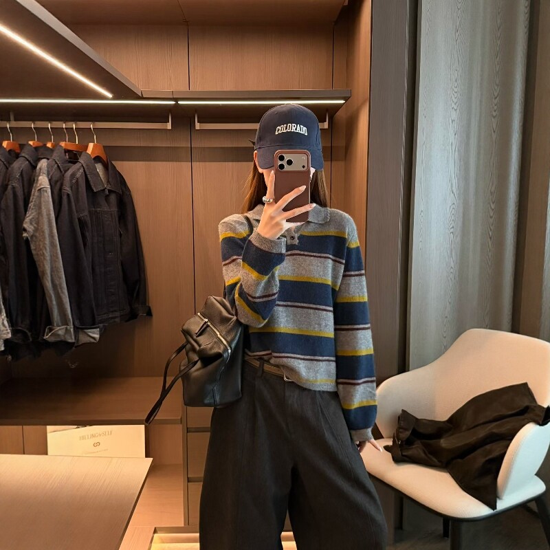 秋季韩版撞色宽松显瘦毛衣女