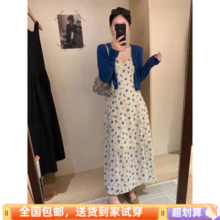 加披肩两件套套装 夏女2024新款 法式 吊带碎花连衣裙收腰显瘦中长款