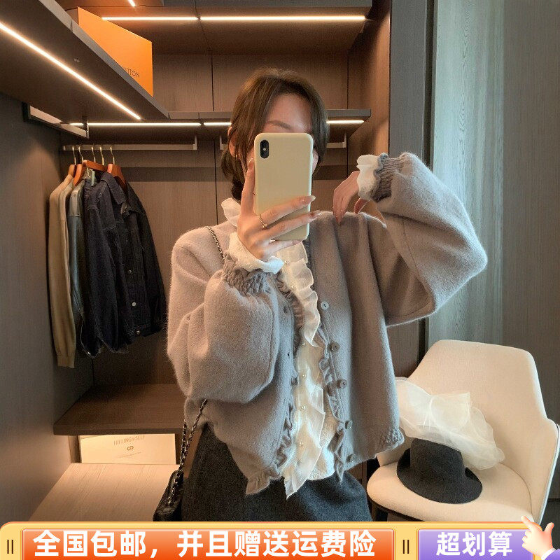 冬季韩版显瘦羊毛开衫木耳边