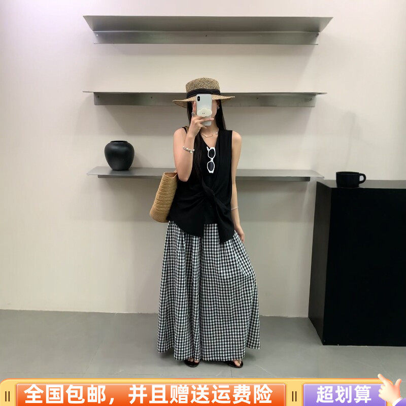 2026夏季新品宽松不规则蝴蝶结细带上衣加格子阔腿裤两件套套装女