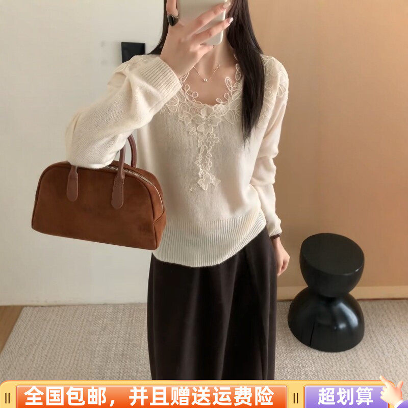 秋季V领蕾丝拼接宽松显瘦针织衫