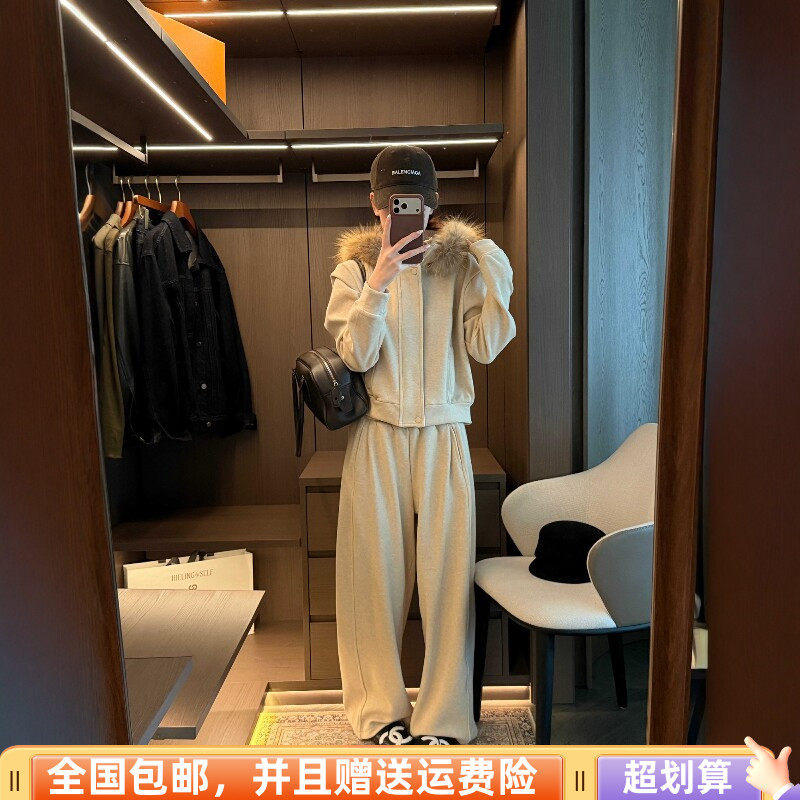 冬季加绒呢料卫衣阔腿裤两件套