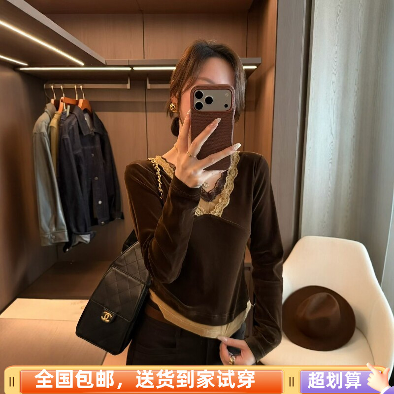 秋季丝绒蕾丝拼接显瘦长袖T恤