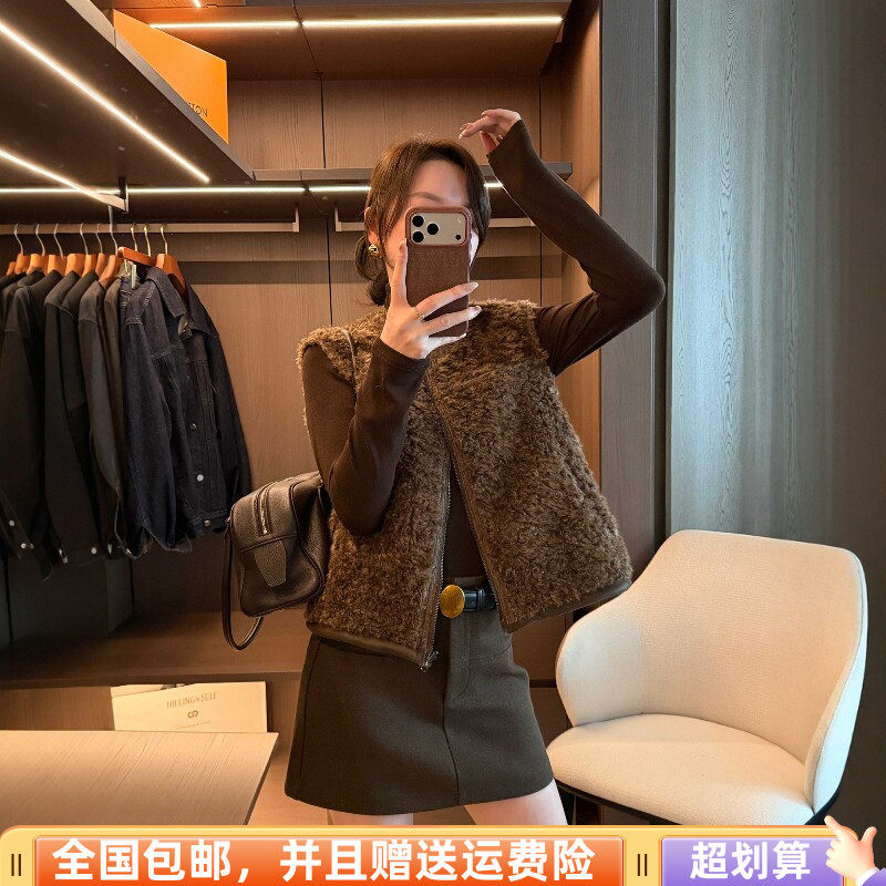冬季新款女羊羔毛拉链马甲