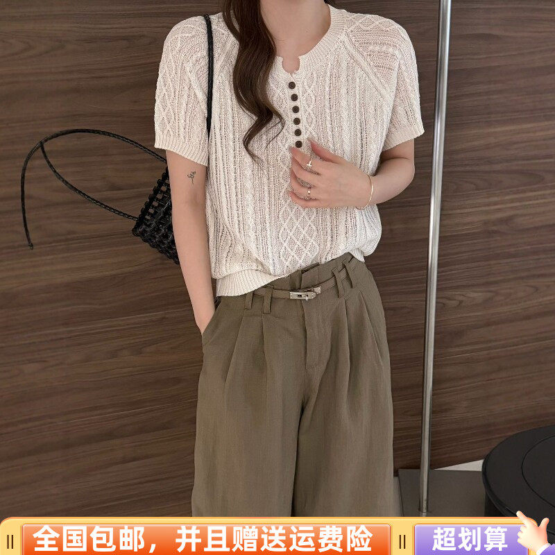 2026夏季新品韩版宽松显瘦短袖毛针织衫上衣麻花纹V领纽扣设计女
