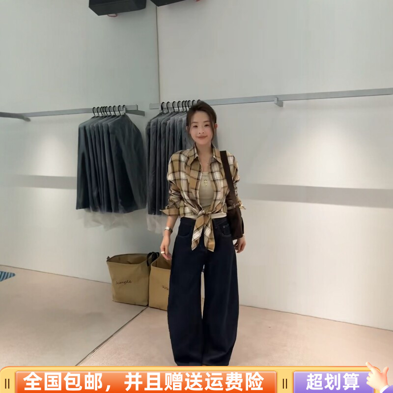 秋季新款格纹长袖系带收腰衬衫女