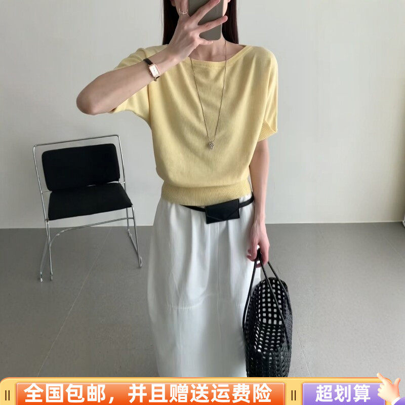 2026春季新品韩版宽松显瘦羊毛针织衫短袖T恤上衣时尚拉肩设计女
