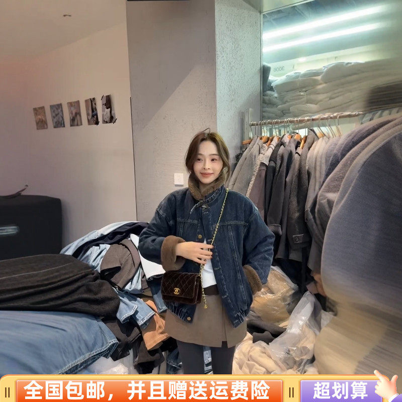 欧洲站2025冬季新品休闲时尚百搭韩羽绒牛仔外套棉衣羊羔毛领女潮