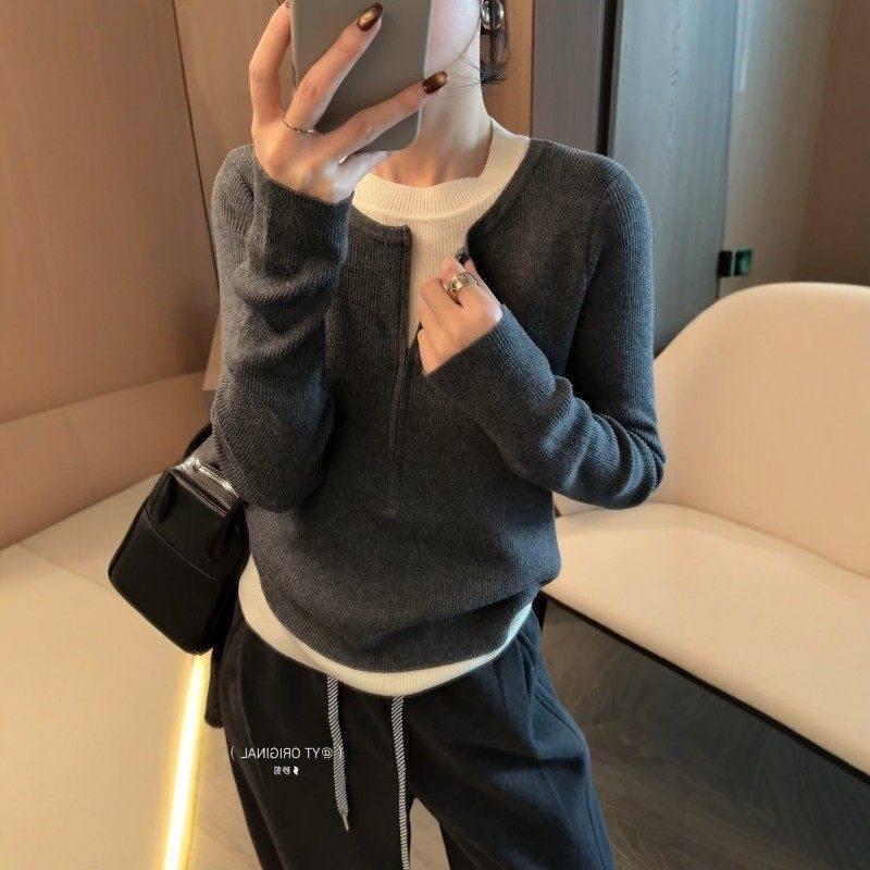 2025冬季新款韩版显瘦羊毛针织打底衫长袖假两件上衣内搭拼接女潮