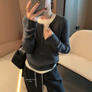 2025冬季新款韩版显瘦羊毛针织打底衫长袖假两件上衣内搭拼接女潮