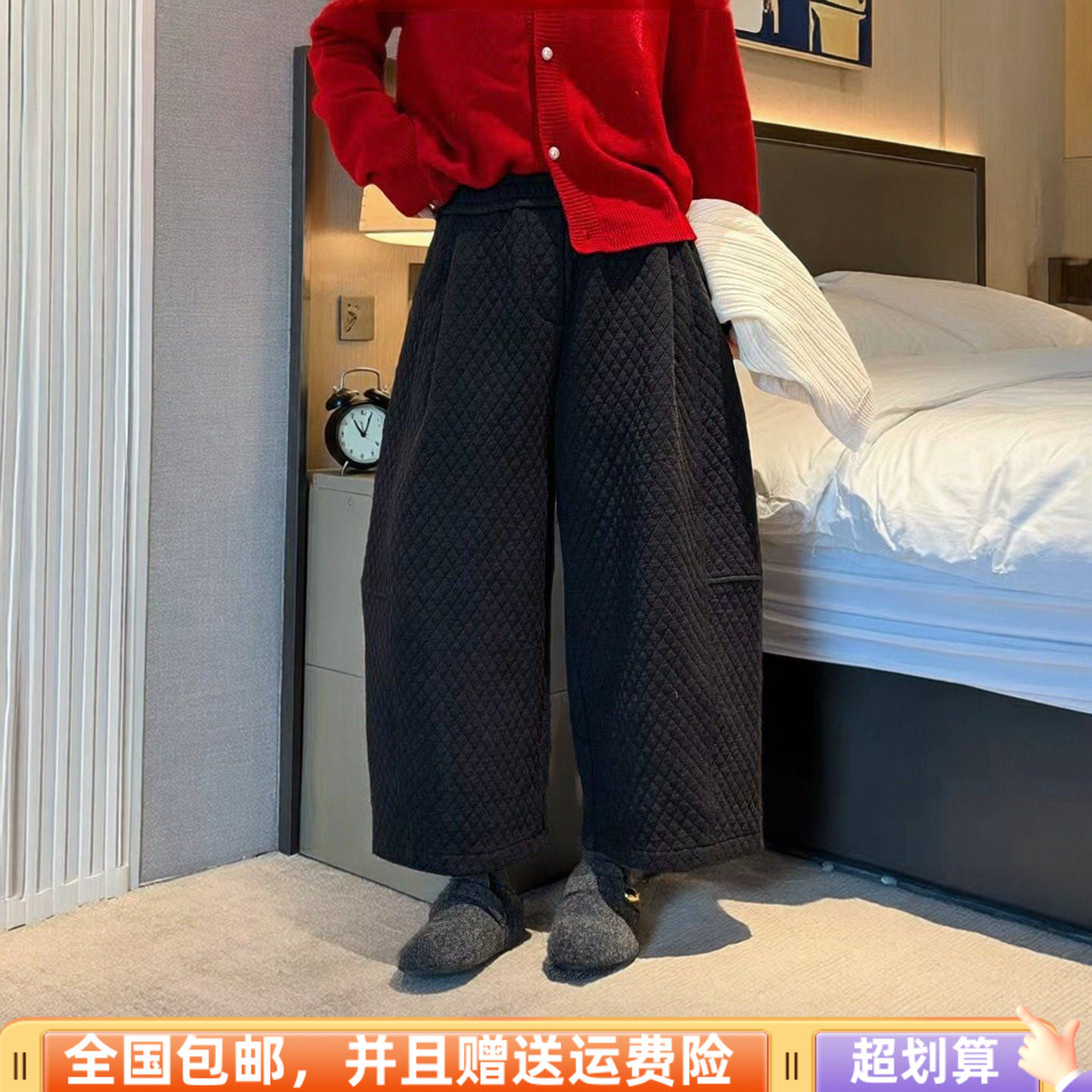 2025冬季新款韩版宽松显瘦休闲裤夹棉加绒加厚高腰九分裤阔腿女潮