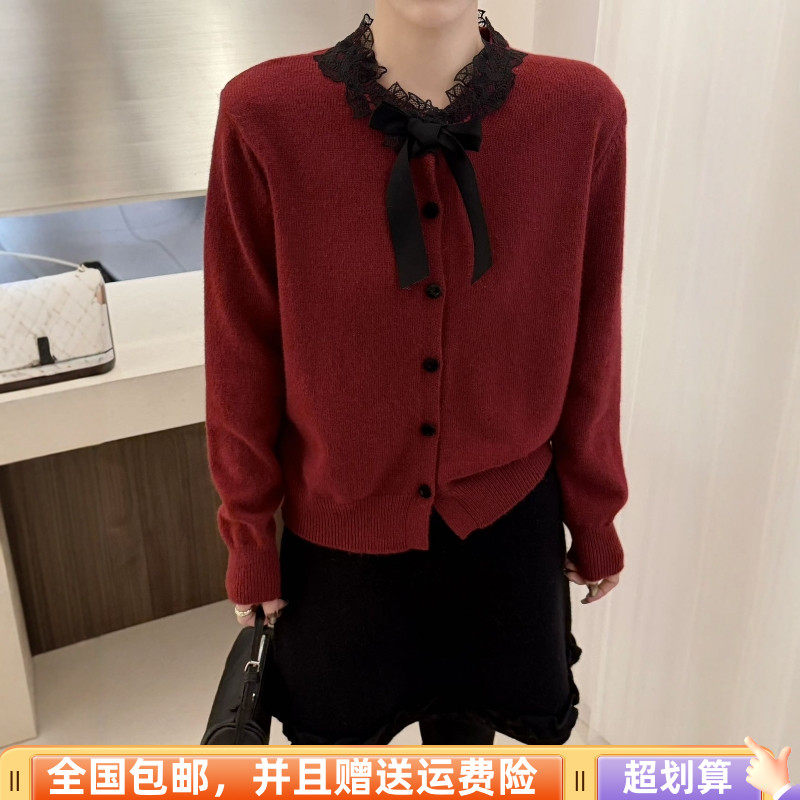 2025冬季新品韩版宽松显瘦羊毛小香风开衫外套蕾丝领拼接上衣女潮