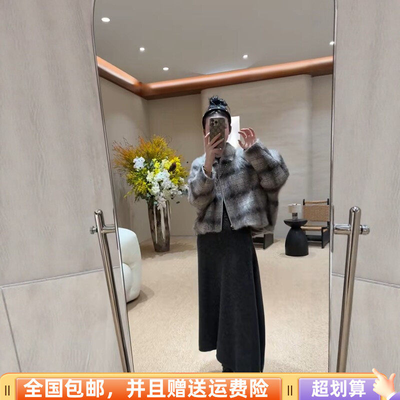 2026冬季新品时尚百搭休闲韩加厚毛呢长毛格子外套上衣时尚减龄女