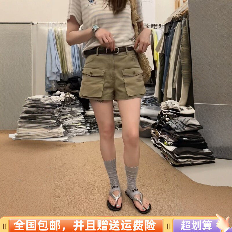 工装风高腰牛仔短裤女2026夏季显瘦A字美式复古口袋热裤配腰带潮