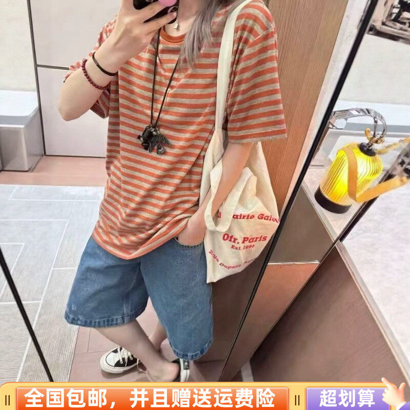2026夏季新品韩版宽松显瘦圆领条纹长袖T恤上衣时尚短袖减龄女潮