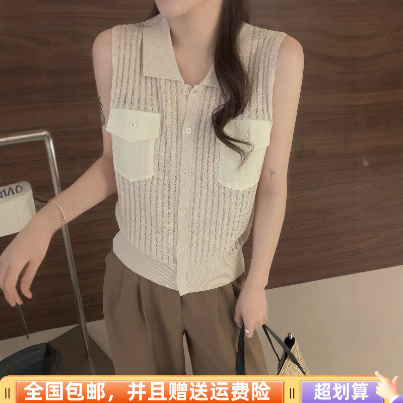 2026夏季新品韩版宽松显瘦亚麻针织无袖背心上衣POLO领时尚减龄女