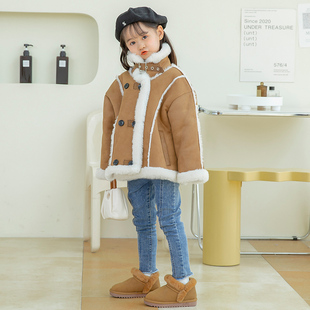 进口全羊毛一体儿童皮草外套中长款乞丐服女童羊羔毛机车服立领