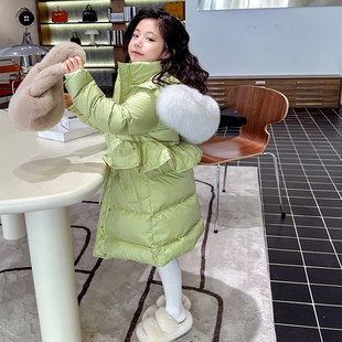 女童羽绒服长款90白鸭绒狐狸毛领儿童皮草外套冬季新款连帽加厚