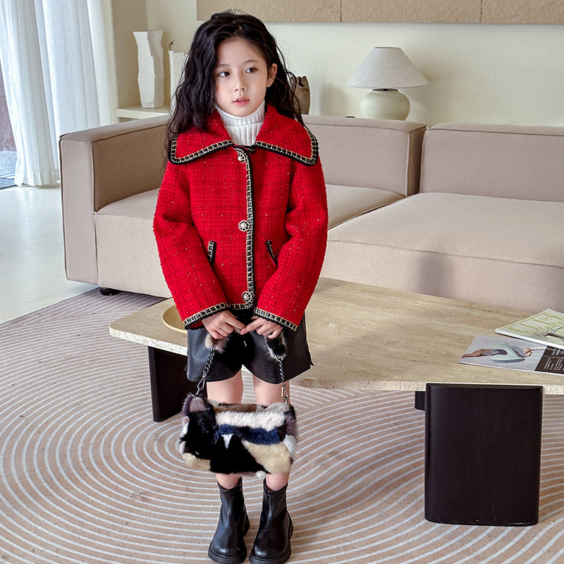 小香风女童羽绒服冬季新款90白鸭绒内胆羊毛粗纺外套加厚粗花呢