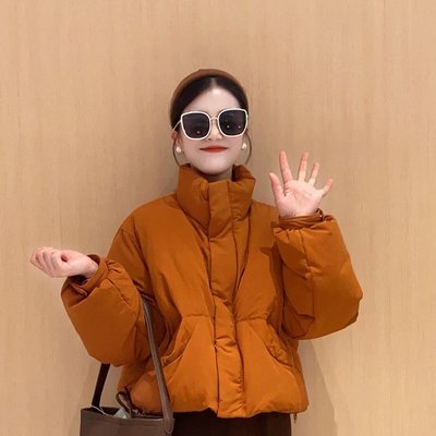 橘色短款轻薄夹棉外套女秋冬季小个子洋气棉袄加厚羽绒派克面包服